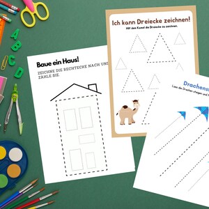 Pu&ograve; includere: Un foglio di lavoro stampabile con tre attivit&agrave; per bambini. La prima attivit&agrave; consiste nel disegnare una casa tracciando le linee tratteggiate. La seconda attivit&agrave; consiste nel tracciare le linee tratteggiate per disegnare triangoli. La terza attivit&agrave; consiste nel tracciare le linee tratteggiate per disegnare aquiloni.