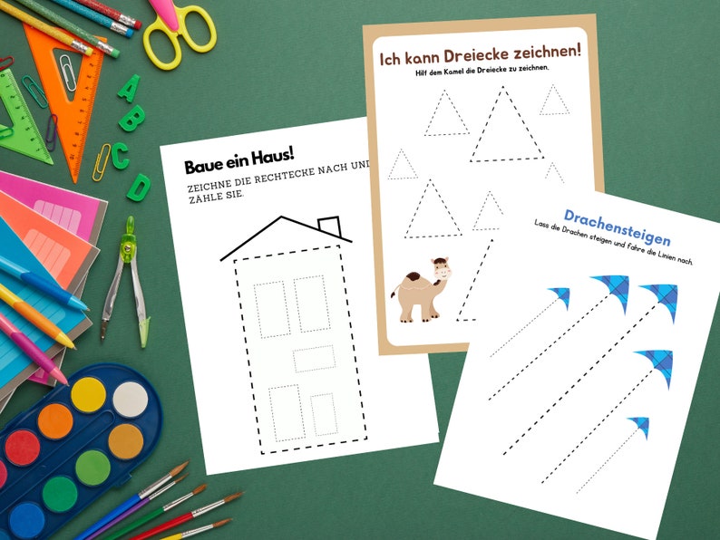 Pu&ograve; includere: Un foglio di lavoro stampabile con tre attivit&agrave; per bambini. La prima attivit&agrave; consiste nel disegnare una casa tracciando le linee tratteggiate. La seconda attivit&agrave; consiste nel tracciare le linee tratteggiate per disegnare triangoli. La terza attivit&agrave; consiste nel tracciare le linee tratteggiate per disegnare aquiloni.