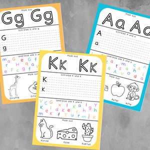 May include: Three printable worksheets for learning the letters A, G, and K. Each worksheet features a large letter at the top, followed by lines for tracing the letter, a section for circling the letter in a group of letters, and a section for coloring a picture related to the letter. The worksheets are designed for young children learning the alphabet.