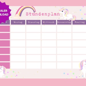 Printable timetable, back to school, unicorn, school enrollment, school enrollment gift, timetable PDF, timetable download, for girls
