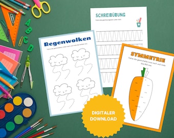 May include: Three printable worksheets for kids to practice tracing lines. The first worksheet features clouds with dotted lines to trace. The second worksheet has wavy lines to trace. The third worksheet features a carrot with a dotted line down the middle to trace.