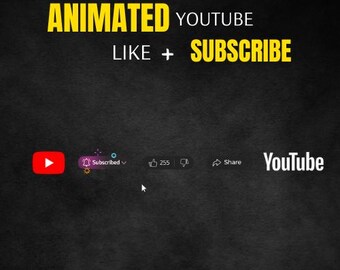 Może przedstawiać: Ekran wideo YouTube z tekstem "ANIMATED YOUTUBE LIKE + SUBSCRIBE" w kolorze żółtym. Odtwarzacz wideo jest czerwony z przyciskiem odtwarzania. Wideo ma 255 polubień i jest subskrybowane. Na ekranie widoczne jest również logo YouTube i opcja udostępniania wideo.