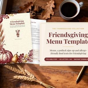 Friendsgiving Menu Template, Potluck Sign-Up, Allergy-Friendly Food Tents (PDF)