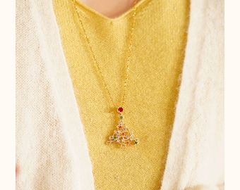 Large Christmas Tree Crystal Pendant with Multicolor Gemstones – 18K Gold-Plated Necklace - Christmas Gift Idea - Design #3