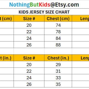 May include: A size chart for kids' jerseys, with measurements in both centimeters and inches. The chart includes size numbers, chest measurements, and jersey lengths. The text "NothingButKids@Etsy.com" is at the top.