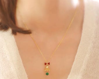 Christmas Bell Jewelry Set – 18K Gold-Plated Necklace & Earrings with Red Bow and Green Crystal
