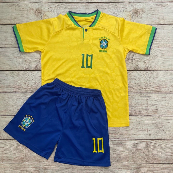 Brazil 2022 Home Neymar Jr. #10 Kids Soccer Uniform | Jersey | Top + Shorts for Boys | Girls Youth Sizes ( Ships Fast From US)