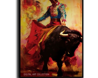 Flamenco in Red & Gold - Dynamic Impressionist Digital Print of Spanish Matador and Bull
