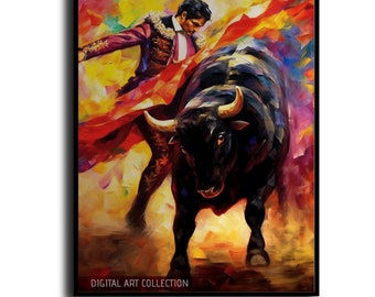 Dance of Danger - Impressionist Digital Print of Matador & Bull, Celebrating Spanish Culture