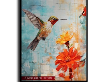 Impressionist Style Colibri Digital Print - Graceful Hummingbird Feeding on Flower - A Captivating Sight for Art and Nature Lovers