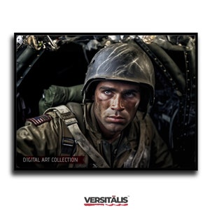 May include: A close-up portrait of a soldier in a military uniform and helmet, looking directly at the camera. He is wearing a camouflage jacket and a parachute harness. The image is in black and white and has a vintage feel.