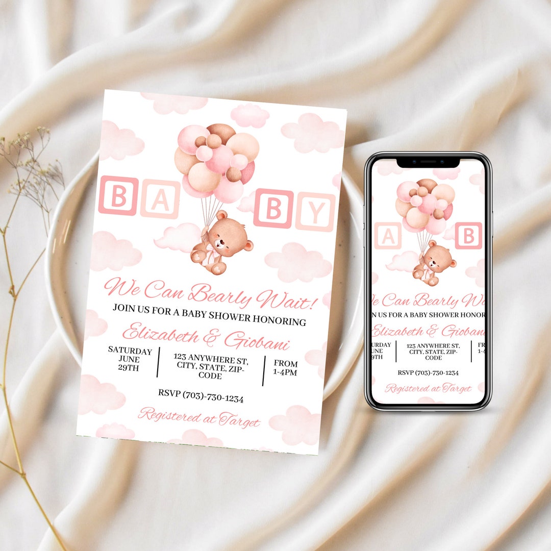 Teddy Bear Baby Shower Invitation, Pink Balloons (digital Print) - Etsy