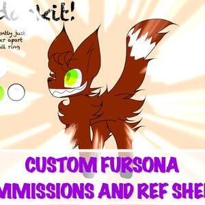 Peut inclure: Illustration de personnage de type renard brun avec des yeux verts et un sourire aux dents blanches. L'image comprend le texte "Ceda kit!" et "CUSTOM FURSONA COMMISSIONS AND REF SHEETS". Des échantillons de couleurs sont également présents.