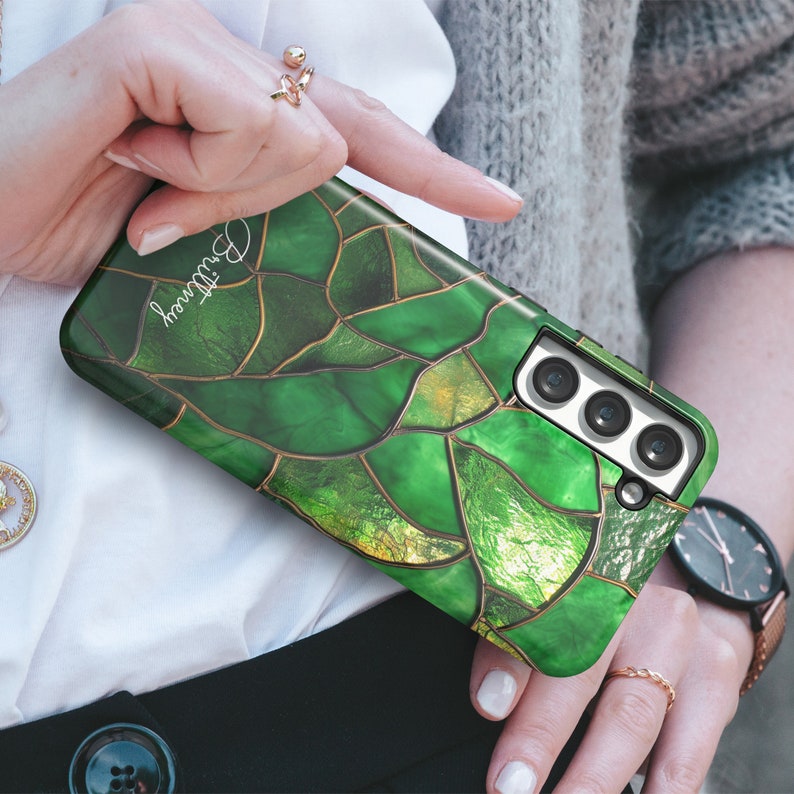 Personalized Green Stained Glass Phone Case, Luxury, iPhone 13 Pro Cases, Samsung Galaxy, Google