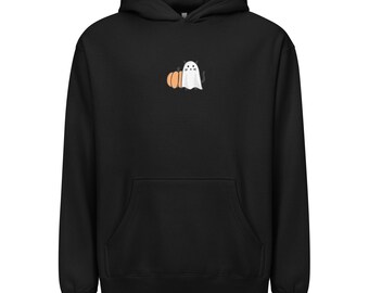 May include: Black hooded sweatshirt with a front pocket. The design features a small embroidered ghost and pumpkin graphic. The ghost is white with black eyes and a black tail, and the pumpkin is orange and tan.