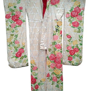 Vintage Yukata Silk Kimono Robe Floral Art Japanese Traditional Cardigan Happi Jacket Wedding Noragi Haori Uchikake Tomesode Rozmiar M L W299