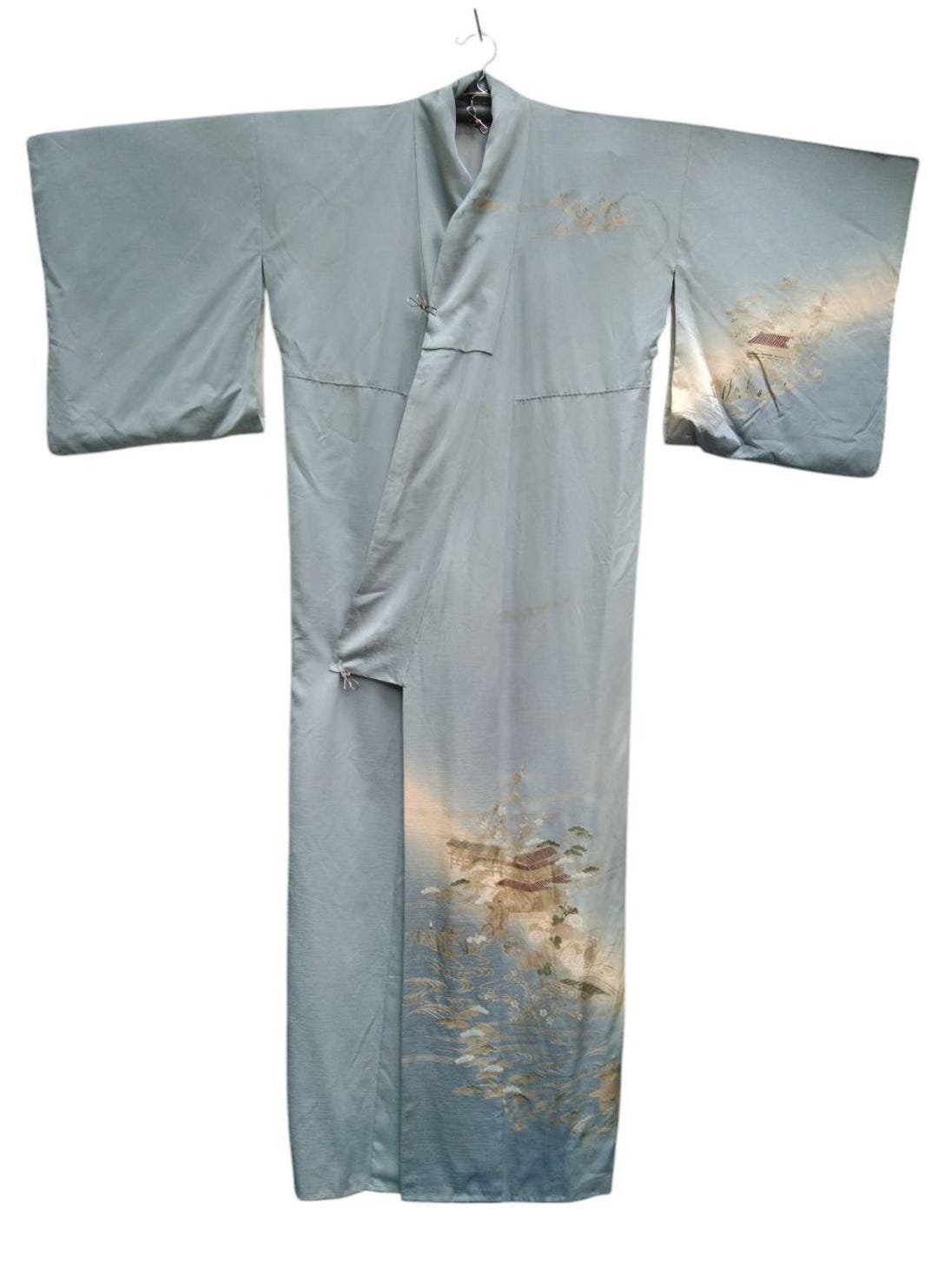Vintage Silk Kimono Robe Castle Art Japanese Traditional Cardigan Happi ...