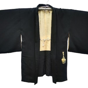 Vintage Haori Noragi Black Motif Art Robe Kimono Japanese Traditional Cardigan Happi Jacket  Yukata Sashiko Jinbei Silk Size S M W290
