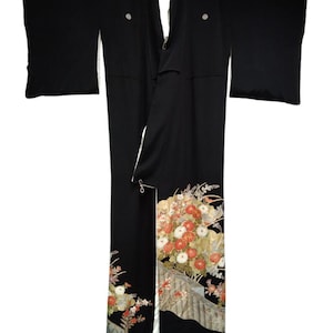 Vintage Seide Kimono Robe Blumenkunst Japanische traditionelle Strickjacke Happi Jacke Noragi Yukata Haori Uchikake Tomesode Größe L W303