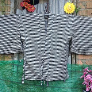 Vintage Haori Black White Square Art Robe Kimono Japanese Traditional Cardigan Happi Jacket Noragi Sashiko Hanten Jinbei Fit Size M L W199