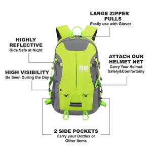 K&ouml;nnte beinhalten: Ein gr&uuml;n-grauer Fahrradrucksack mit reflektierenden Akzenten. Er hat ein Helmnetz, zwei Seitentaschen und gro&szlig;e Rei&szlig;verschl&uuml;sse. Der Rucksack tr&auml;gt den Text "RB Riderbag" auf der Vorderseite.