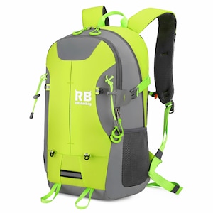 K&ouml;nnte beinhalten: Ein limegr&uuml;ner und grauer Rucksack mit verstellbaren Tr&auml;gern und einem Netzfach. Der Rucksack hat ein wei&szlig;es Logo mit der Aufschrift "RB #Riderbag".
