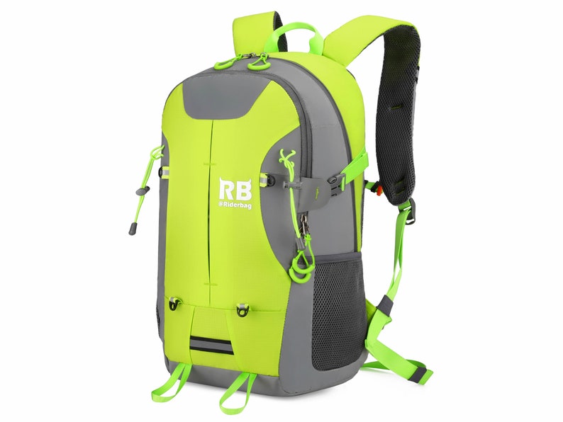 K&ouml;nnte beinhalten: Ein limegr&uuml;ner und grauer Rucksack mit verstellbaren Tr&auml;gern und einem Netzfach. Der Rucksack hat ein wei&szlig;es Logo mit der Aufschrift "RB #Riderbag".