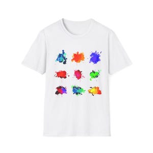 鮮やかなペイントスプラッシュユニセックスTシャツ、カラフルなアートTシャツ、アーティストへのクリエイティブギフト、カジュアルウェア、アート愛好家のアパレル