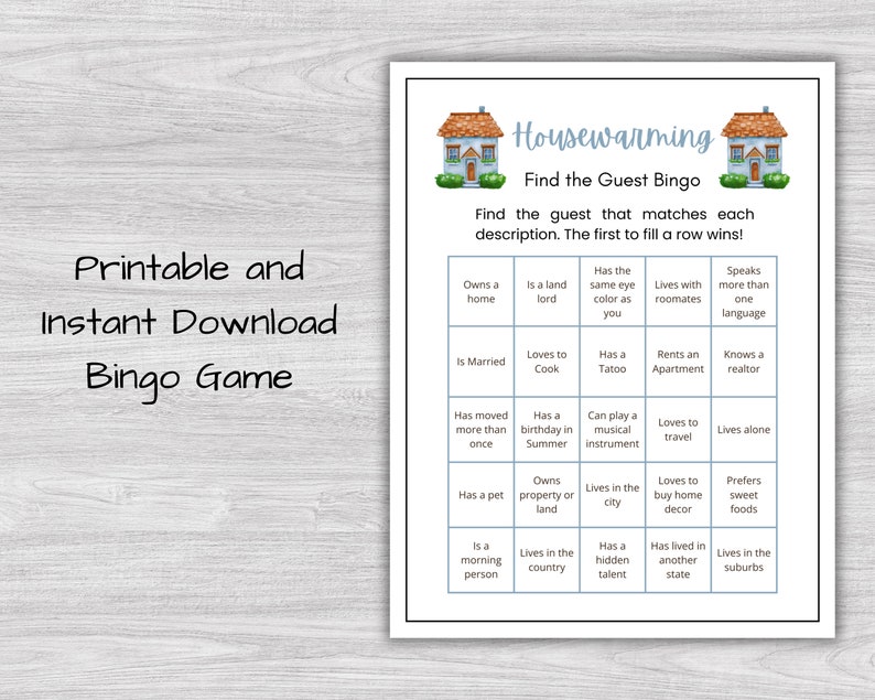 Housewarming Find the Guest Bingo Game, Printable Cards (PDF) - Etsy