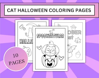 Könnte beinhalten: Ein Set mit 10 Schwarzweiß-Malvorlagen mit niedlichen Katzen in Halloween-Kostümen. Die Seiten enthalten Bilder einer Katze mit Hexenhut, einer Katze in einem Kürbis, einer Katze mit einer Fledermaus und einer Katze mit einem Pilz. Der Text "Hallo", "Spooktacular" und "October Just" ist auf den Seiten enthalten.