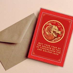 Carte de nouvel an chinois, année du dragon 2024, carte de voeux imprimable du nouvel an chinois, cadeau de nouvel an chinois, enveloppe rouge dragon chinois