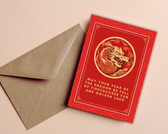 Tarjeta de Año Nuevo Chino, Año del Dragón 2024, Tarjeta de felicitación imprimible de Año Nuevo Chino, Regalo de Año Nuevo Chino, Sobre rojo con dragón chino