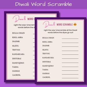 May include: Two printable Diwali Word Scramble game sheets. The sheets have a purple border and a light beige background. The title "Diwali Word Scramble" is at the top. The text "Light the way! Unscramble all the Diwali words before the diyas go out!" is also included.