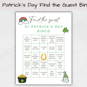 St. Patrick's Day Vind de gast Bingo Afdrukbaar St. Patrick's Day-feestspel Activity Mix & Mingle Ice Breaker Game St. Patrick's Day-spelletjes PDF