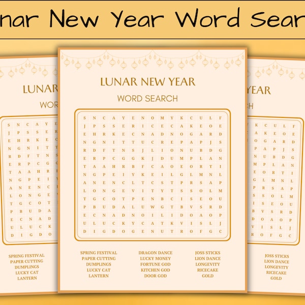 Lunar New Year Word Search, Printable Lunar New Year Activity for Kids and Adults, Lunar New Year Games, Happy Chinese New Year, Word Puzzle