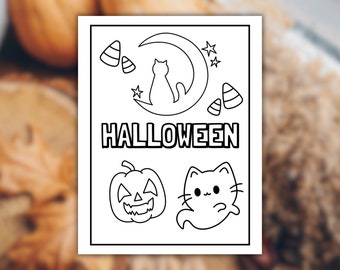 Cute Halloween Coloring Page for Kids and Adults: Printable Kawaii Coloring Page with Cats and Pumpkins PDF