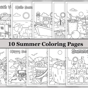 Summer Coloring Pages Bundle for Kids and Adults, 10 Printable Summer Coloring Sheets, Beach Coloring Pages, Pool Party Birthday Activity