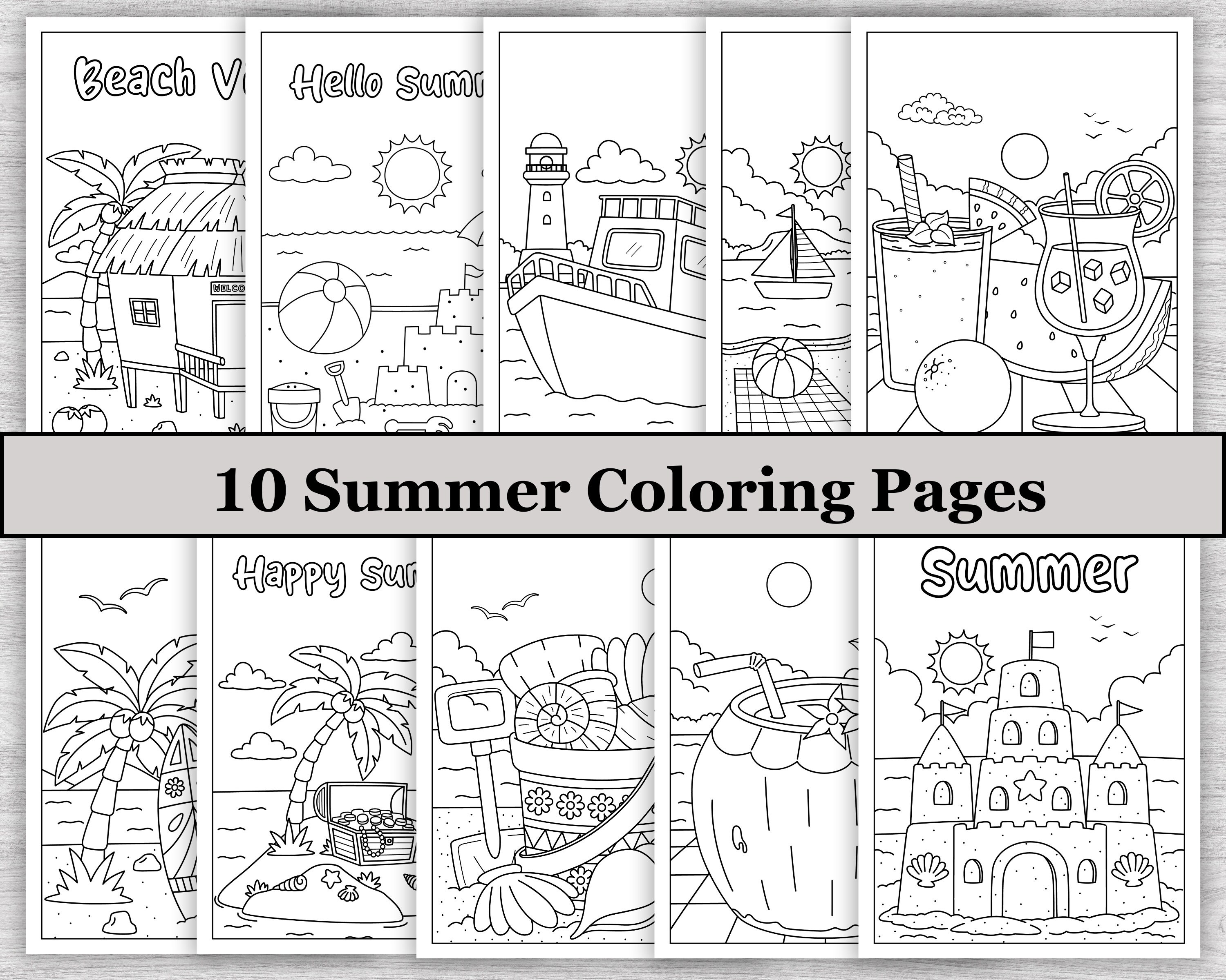 Summer Coloring Pages Bundle for Kids and Adults, 10 Printable Summer ...