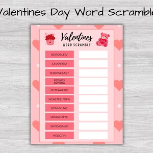 Valentine&#39;s Day Word Scramble Game, Printable Valentine&#39;s Day Activity for Kids and Adults, Valentine Party Games, Classroom Valentines, PDF