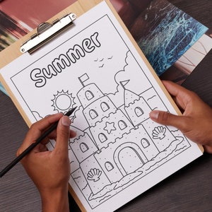 Nice and crisp coloring sheet PDF. The summer coloring page is 8.5 x 11 inch size. A sandcastle on sunny beach design. Easy to print and use right away. Relaxing kids summer activity.