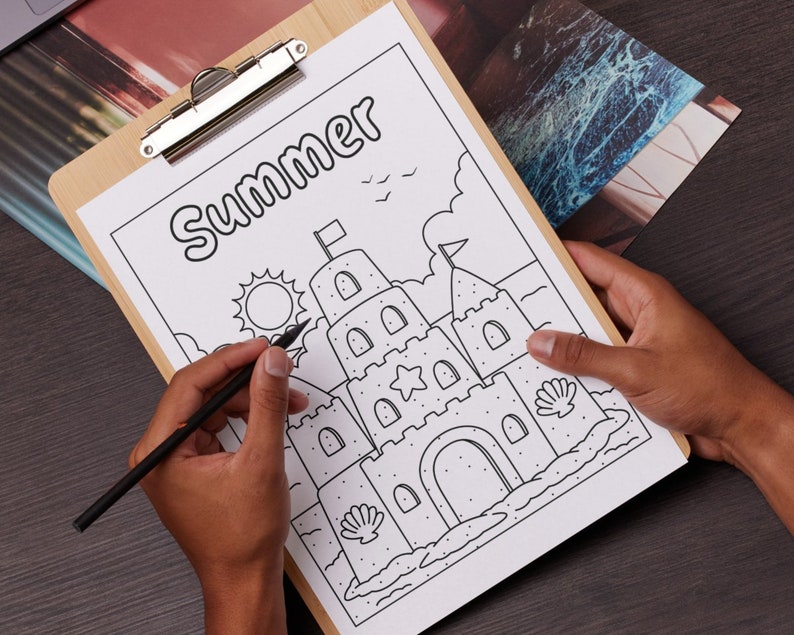 Nice and crisp coloring sheet PDF. The summer coloring page is 8.5 x 11 inch size. A sandcastle on sunny beach design. Easy to print and use right away. Relaxing kids summer activity.