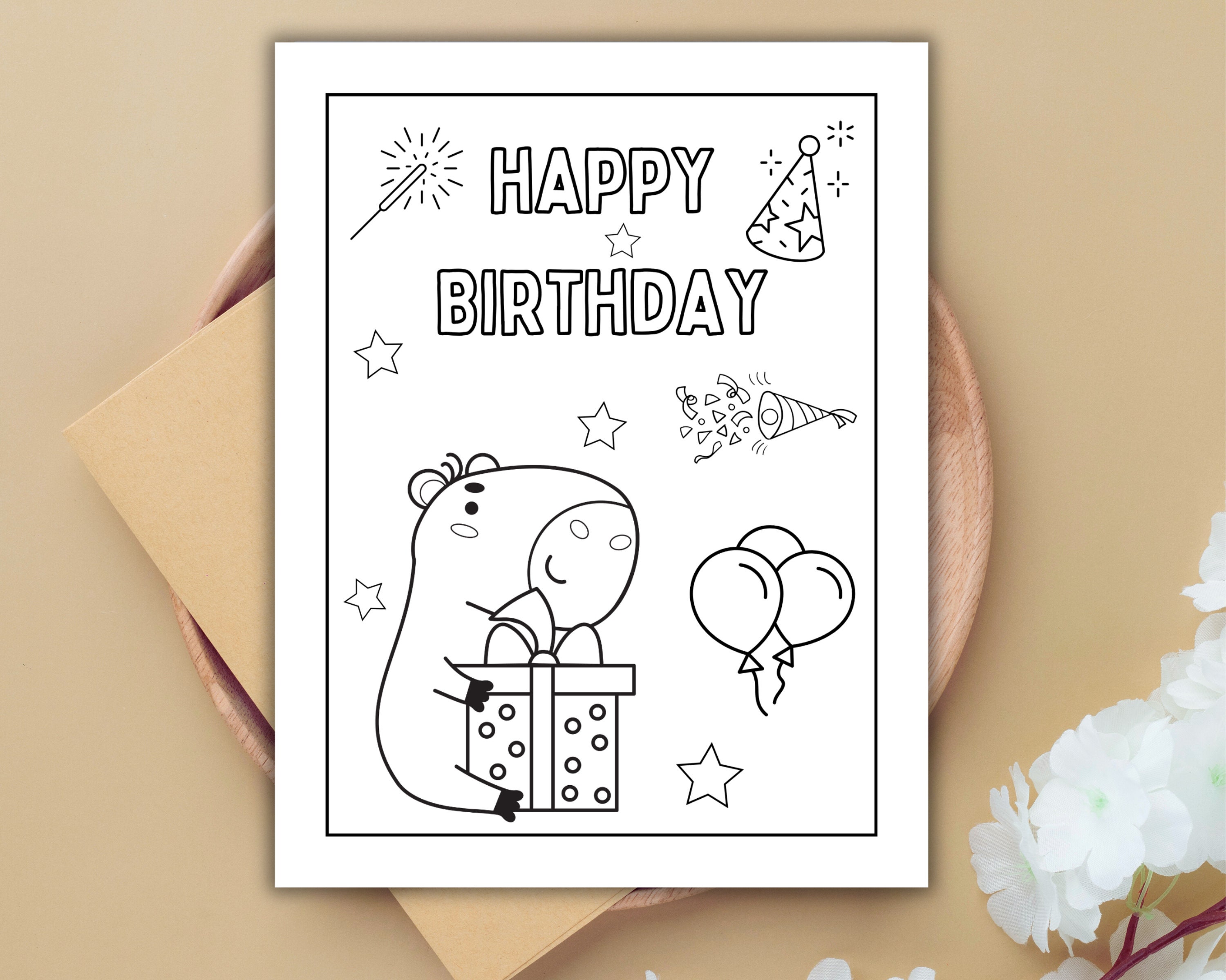 Capybara Birthday Coloring Pages, Printable Coloring Page Bundle ...