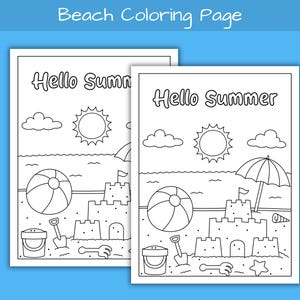 Beach Coloring Page, Printable Beach Coloring Pages for Kids, Kids Summer Activity, Summer Beach Birthday Pool Party Coloring Sheets