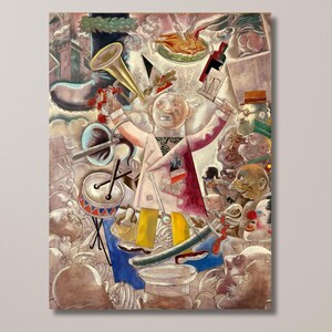 May include: A colorful abstract painting featuring a figure surrounded by various objects, including a trumpet, bicycle, and food items. The artwork has a vintage aesthetic with a mix of warm and cool tones, creating a whimsical and surreal composition.