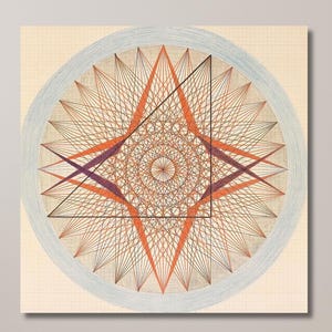 May include: Geometric wall art with a complex design of intersecting lines in shades of orange, brown, and purple. The artwork is set against a light beige background and framed by a light grey circle. The piece is mounted on a wooden panel.