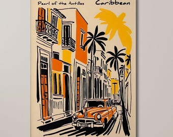 Póster vintage de Trópicos, Escena callejera de La Habana, Auto clásico en La Habana, Arte mural caribeño retro, Cuba sobre lienzo / Decoración de pared en lienzo para el hogar