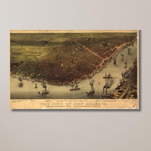 Ancienne carte de la Nouvelle-Orléans, vue Louisiane du XIXe siècle, décoration murale vintage, affiche de la Nouvelle-Orléans, paysage d'après une carte | Décoration d'intérieur, oeuvre d'art murale sur toile