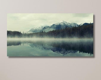 Serene Mountain Lake, Misty Nature Landscape, Snowy Peaks View, Forest Reflection Landscape, Natural Decor Art | Canvas Wall Art Home Decor