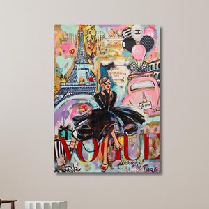 Stylish Woman Graffiti, Banksy Canvas Art, Banksy Colorful Graffiti, Vouge Cover Girl, Eiffel Tower Paris | Canvas Wall Art Home Decor