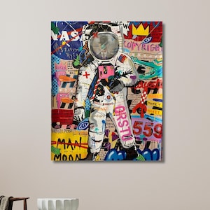 First Man on the Moon, Banksy, Spaceman Poster, Astronaut Wall Art, Banksy Canvas Art, Banksy Colorful Graffiti | Canvas Wall Art Home Decor